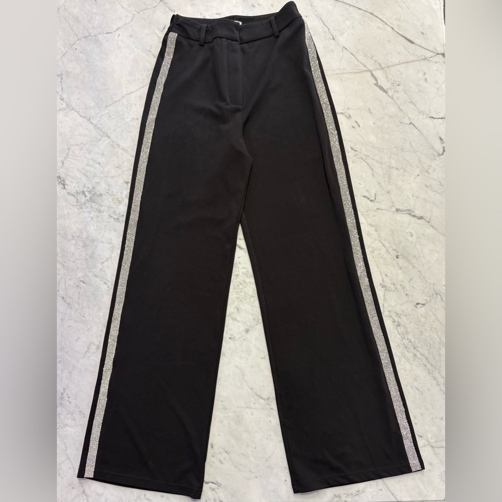 Black Wide-Leg Trousers with Silver Side Tape